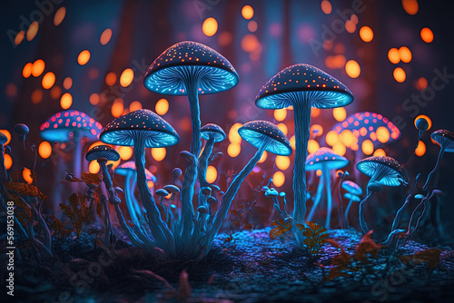 Blured mystic mushrooms. Generative AI