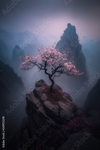 cherry tree on mountain peak and cliff in china. generative ai photo