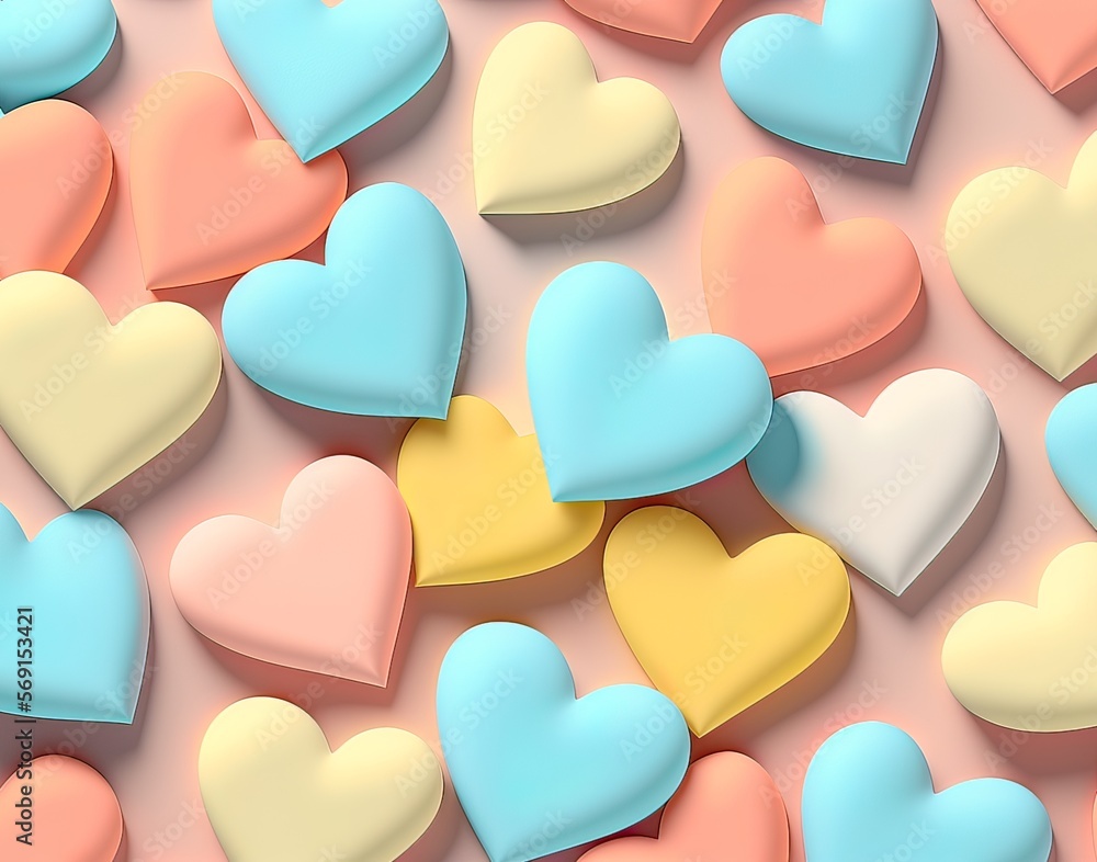 Creative Valentine's Day flat lay background, pattern of love pastel hearts, pink shades. Illustration, Generative AI.