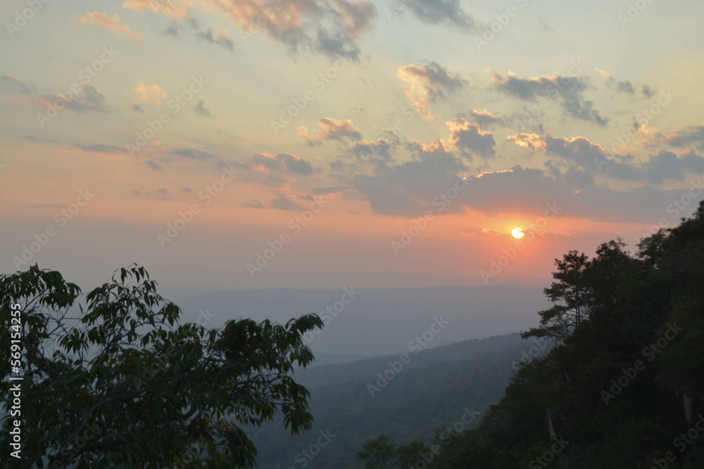 Fototapeta premium View sunset time from Jam Sin cliff of Phu kradueng national park, Thailand.