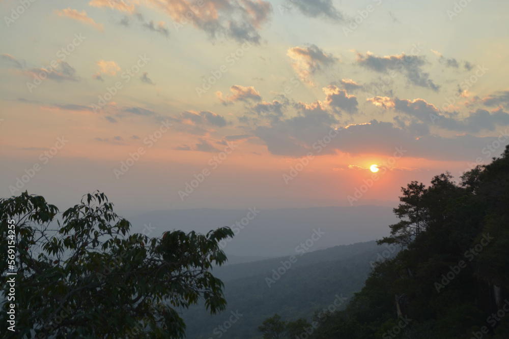View sunset time from Jam Sin cliff of Phu kradueng national park, Thailand.