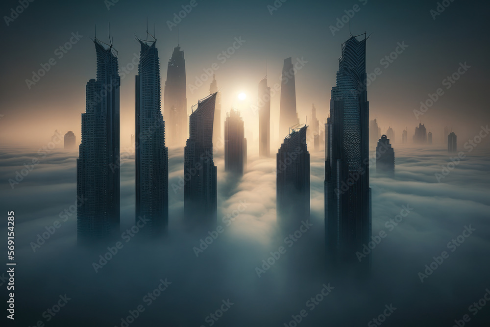 morning fog with skyscraper in Dubai. generative ai morning fog with skyscraper in Dubai. generative ai