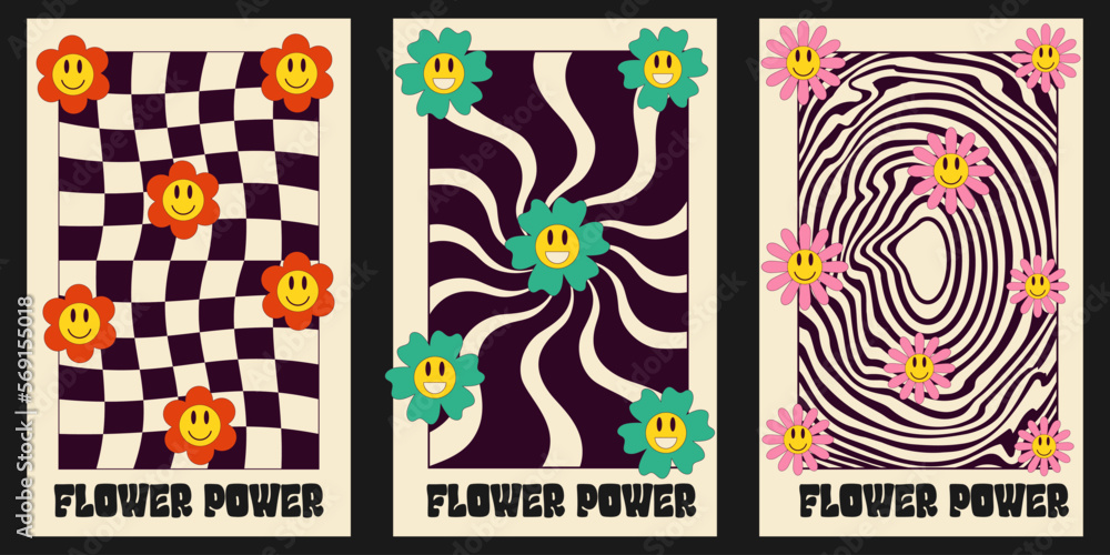 Vector set of hipie posters with cartoon groovy daisy.Flower power. Placard with funny smile faces in trendy 70s style.