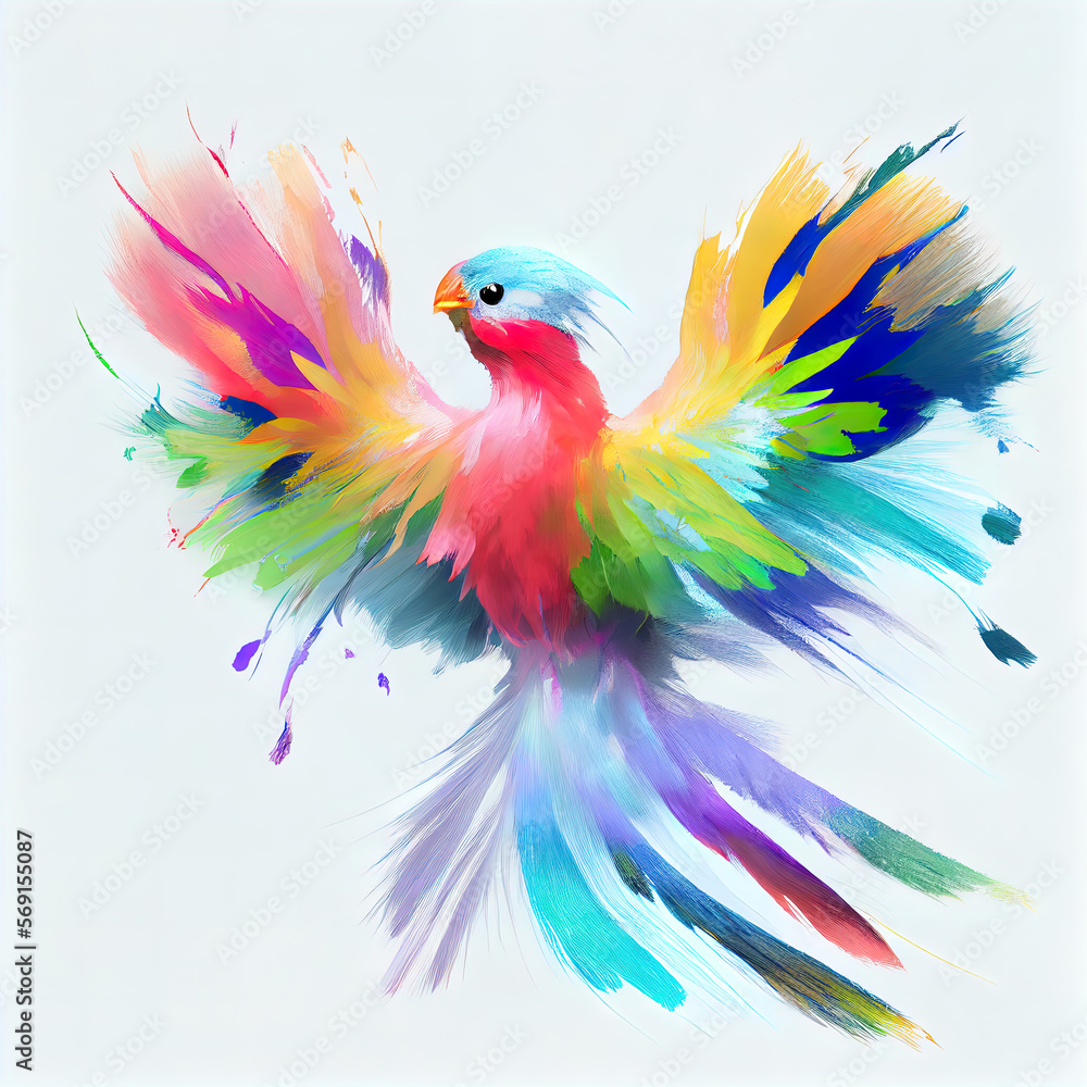 Fototapeta premium Flying bird, rainbow colored painting, Generative AI