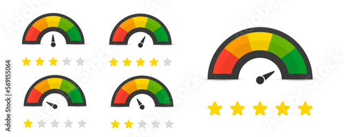Set of gauge meter indicator icons with star rating