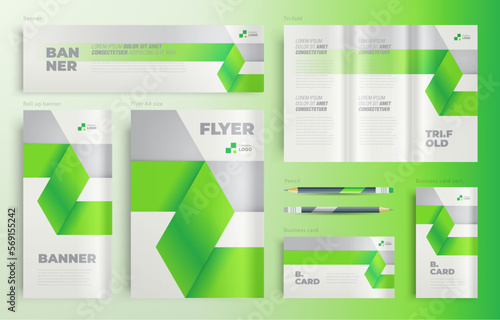 Minimal geometric Set flyer cover, tri-fold, banner, roll up banner, business card green color