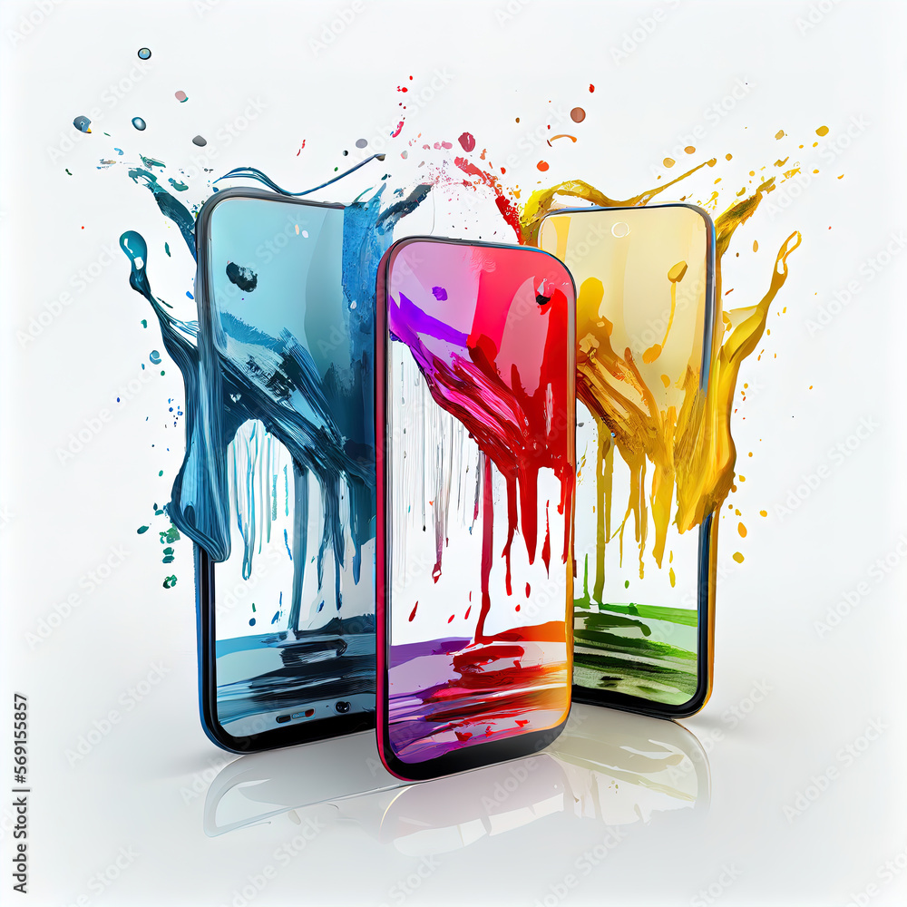 Obraz premium Three smartphones, rainbow colored painting, Generative AI