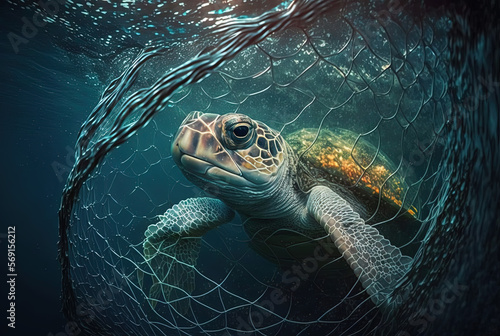 Turtle trapped in fishing net. Generative AI.
