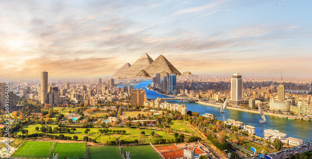 Skyline panorama of Cairo on the way to the Great Pyramids, Egypt