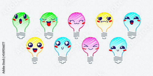 Set of Various Cartoon Bulbs with Emoticons. Doodle lightbulb, ideas, eyes and mouth. Caricature comic expressive emotions, smiling, crying and surprised character face expressions