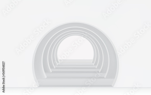 White 3d empty corridor of several round arches in perspective with shadows. Minimal background. Abstract architecture. Vector illustration of archway. Inside interior