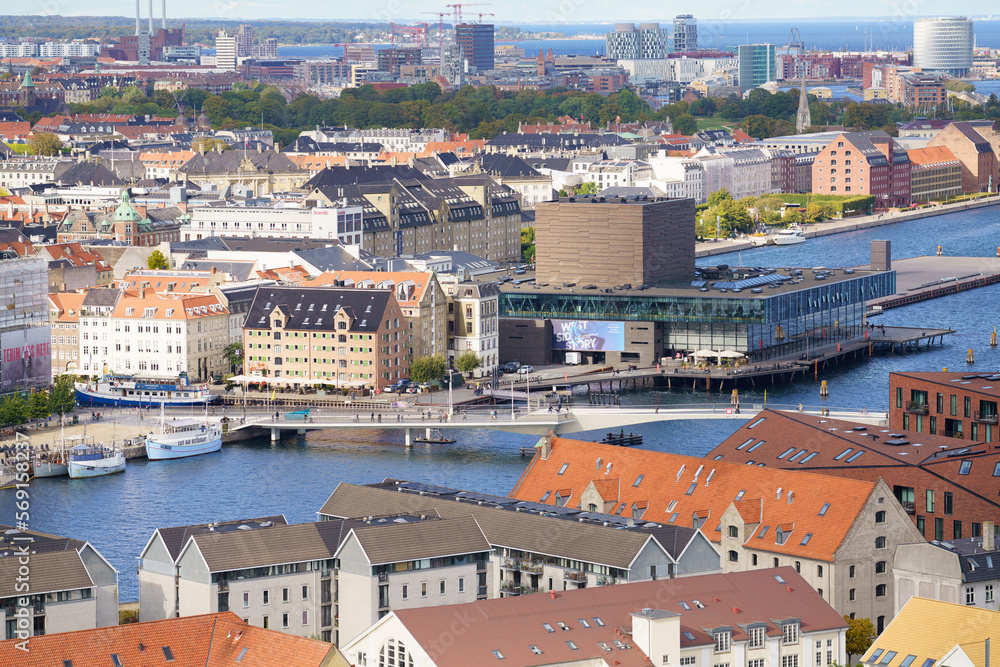 Aerial view towards The Royal Danish Playhouse and The Inner Harbour Bridge in Copenhagen
