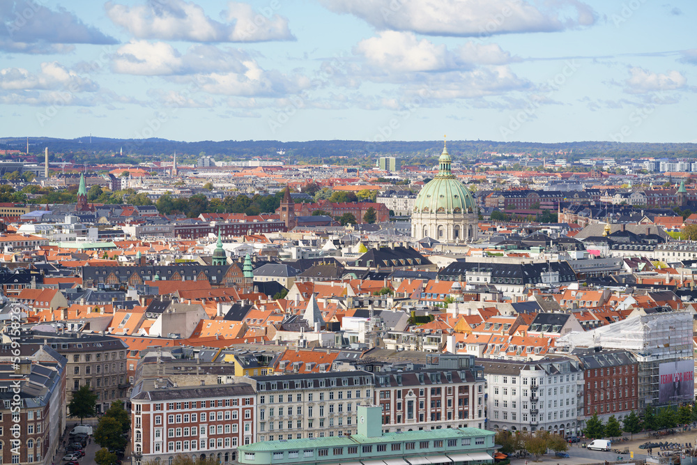 View over Nyhavn and the Frederiksstaden district towards Frederik´s Church in central Copenhagen
