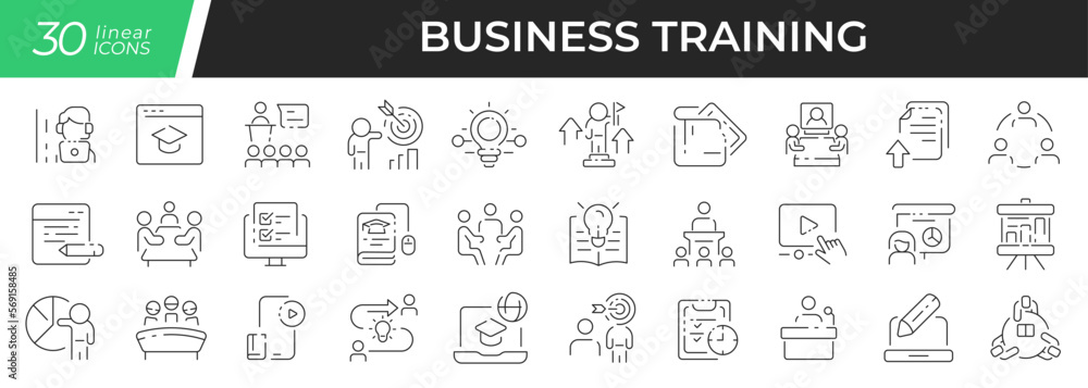 Business training linear icons set. Collection of 30 icons in black
