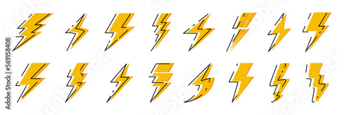 Lightning icons collection. Set of different thunder storm icons
