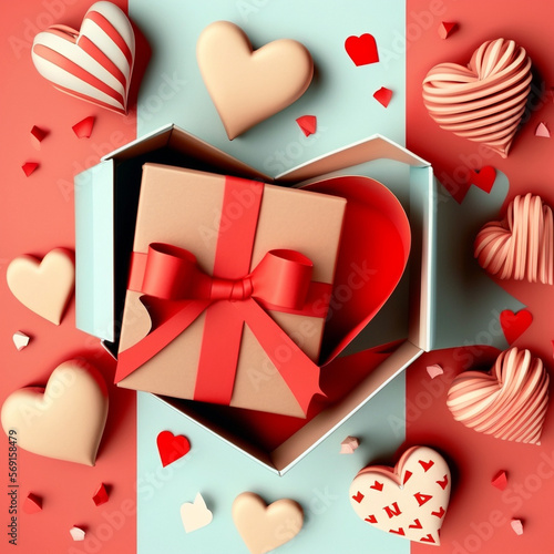 In a flat lay style greeting composition, a gift box and a collection of red hearts are displayed against the backdrop of Valentine's Day.