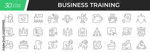 Business training linear icons set. Collection of 30 icons in black