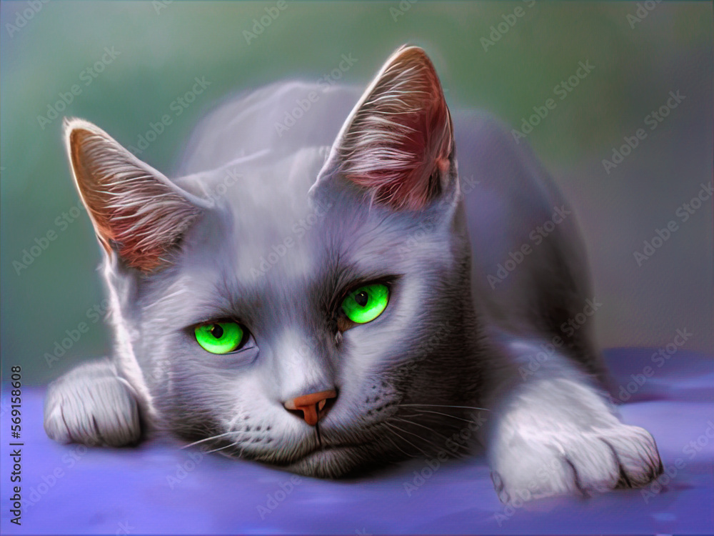 Naklejka premium Russian Blue Cat Portrait, Generative AI