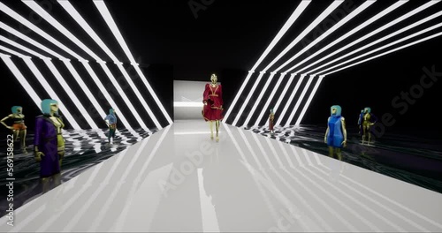 3D Fashion Show: Virtual Male Model Walking by the Podum. Fashionable Red Dress. Meetings in Virtual Space, Artificial World. Concept of Gamification and Realization of NFT Products. 3D Rendering photo