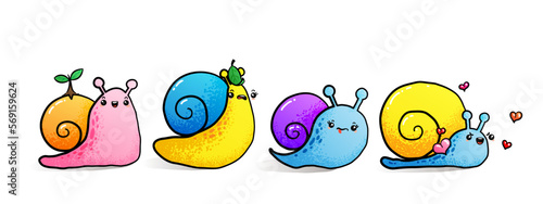 Kawaii snail character with shell and cartoon snailfish or snail-like mollusk. Kids illustration, set of lovely snail-paced slugs with random emoji, isolated on white background
