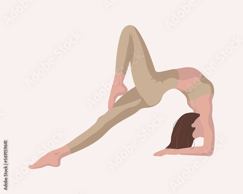 Brunett girl with brown hair doing yoga pilates gymnastics sport fitness in light brown sport form in faceless style on background