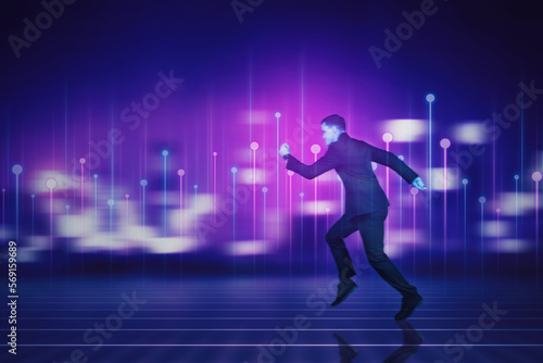Hologram of a businessman running in a virtual world - metaverse