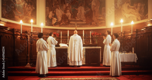 Fotografia In Grand Old Church at the Altar Ministers Lead The Eucharist, a Sacred Christian Ceremony