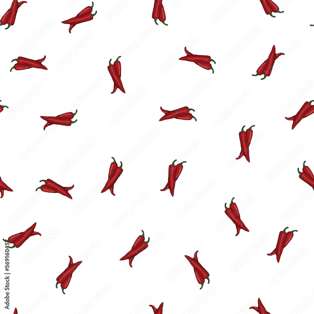 two red chili peppers hand drawn. seamless pattern on a white background