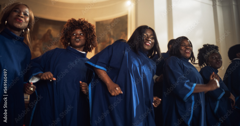 Group Of Christian Gospel Singers Praising Lord Jesus Christ. Song Spreads Blessing, Harmony in Joy and Faith. Church is Filled with Spiritual Message and Uplifting Music. Documentary Shot