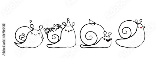 Kawaii snail character with shell and cartoon snailfish or snail-like mollusk. Coloring kids illustration, set of lovely snail-paced slugs with random emoji, isolated on white background