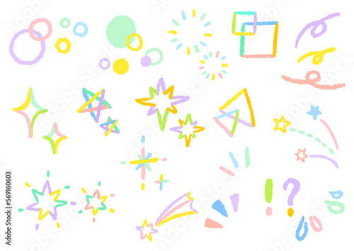 Pastel color simple line drawing treatment Glitter cute hand drawn illustration set / パステルカラーのシンプルな線画のあしらい キラキラ かわいい手描きイラストセット