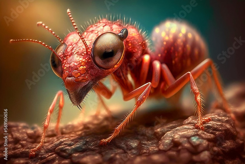 A close up of red fire ant on rough surface surrounded by defocused environment. Ants macro photography. Generative AI illustration. photo