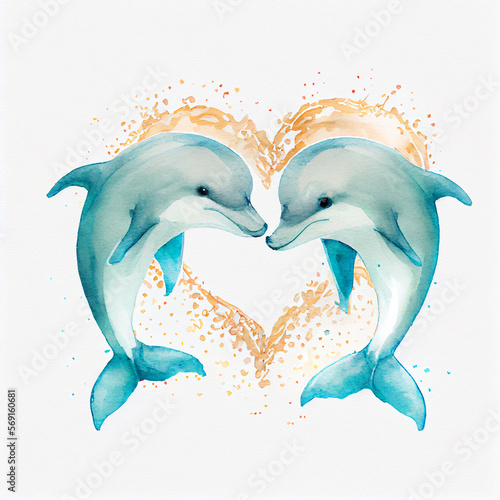 Two watercolor dolphins and heart shaped water splash. Beautiful sea animals swim and jump together. hand drawn painting of love and affection. Cheerful dolphin bodies creating heart in ocean waves