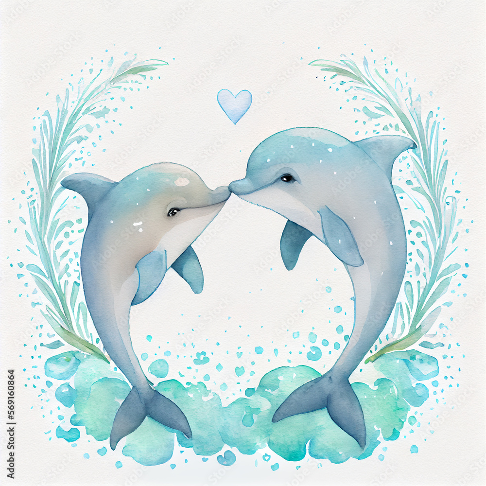 Two loving dolphins watercolor painting, cute anumals in ocean waves ...