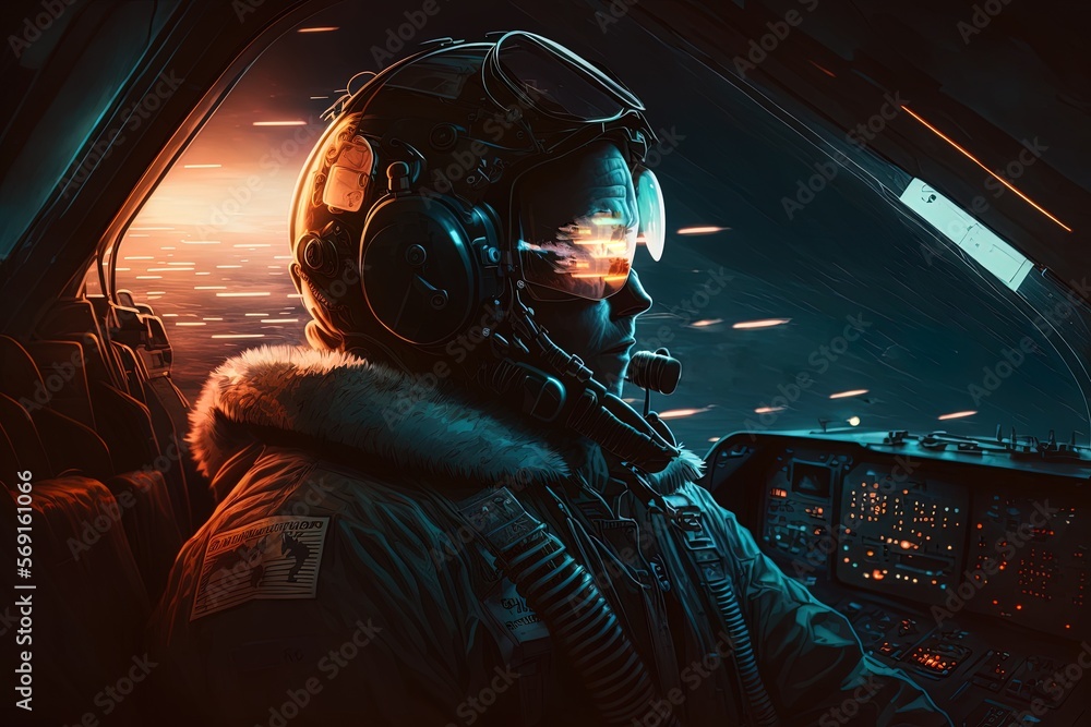 A combat pilot into a war aircraft cockpit wearing a mask and helmet ...