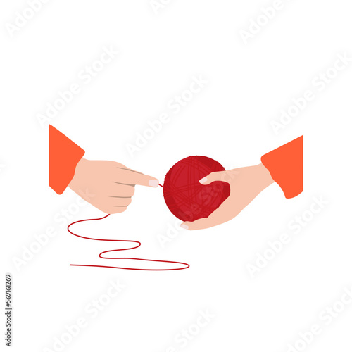 Female hands wounding a red thread on a ball. Yarn hank, knitting concept. Hand drawn vector icon, isolated on the white background.