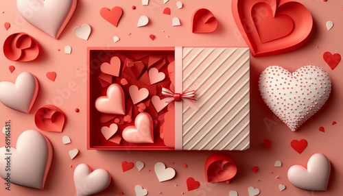 A flat lay greeting composition presents a gift box and an assembly of red hearts on a Valentine's Day background.