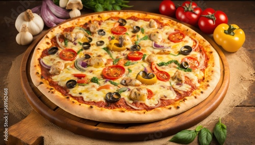 Fresh and Tasty Pizza with Mushrooms and Tomatoes, generative ai