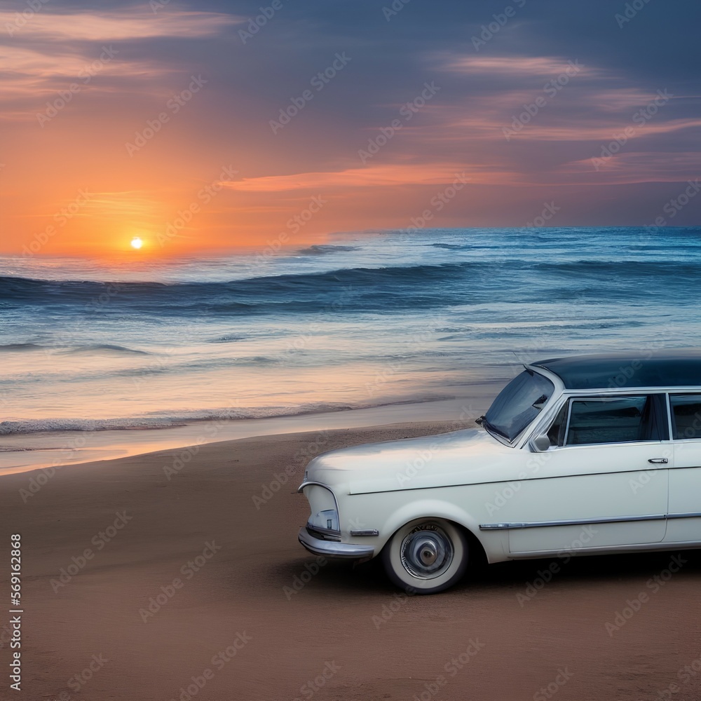white old car with waves and sunset in the background - generative ai