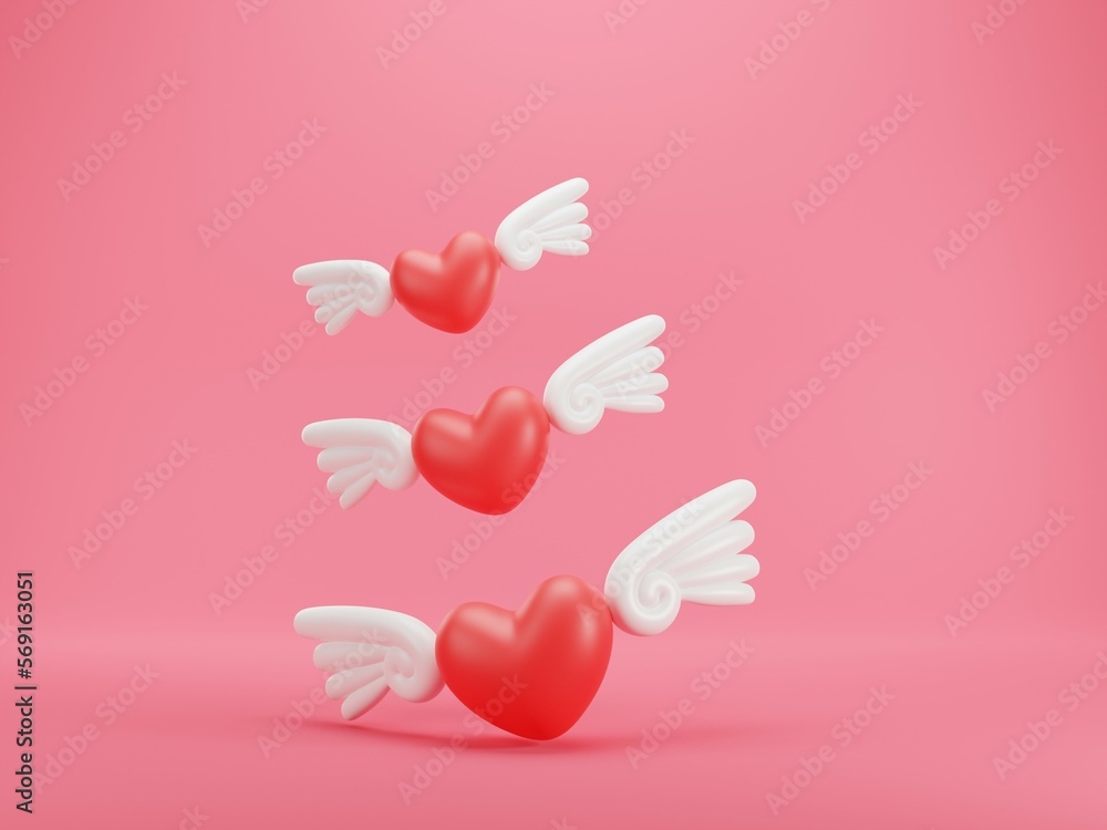 Valentine's Day, heart with wings on pink background.3d rendering. Valentine's Day, heart with wings on pink background.3d rendering.