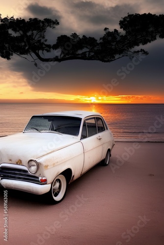 white old car with waves and sunset in the background - generative ai © unalcreative