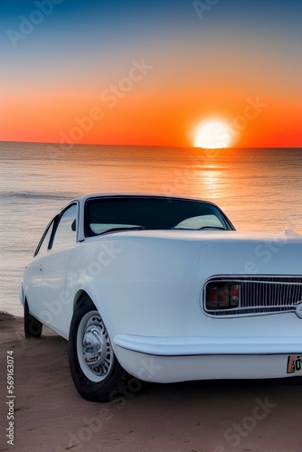 white old car with waves and sunset in the background - generative ai © unalcreative