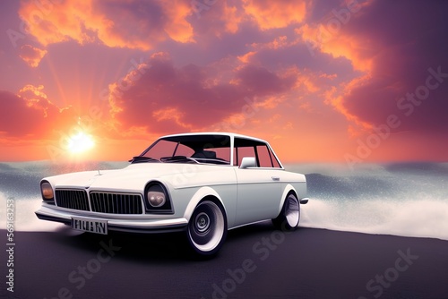 white old car with waves and sunset in the background - generative ai