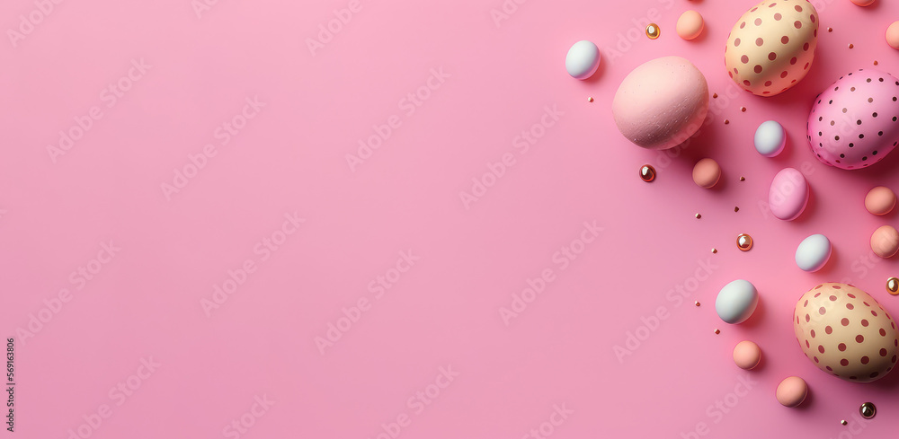 Easter background on pink with copy space. Generative AI