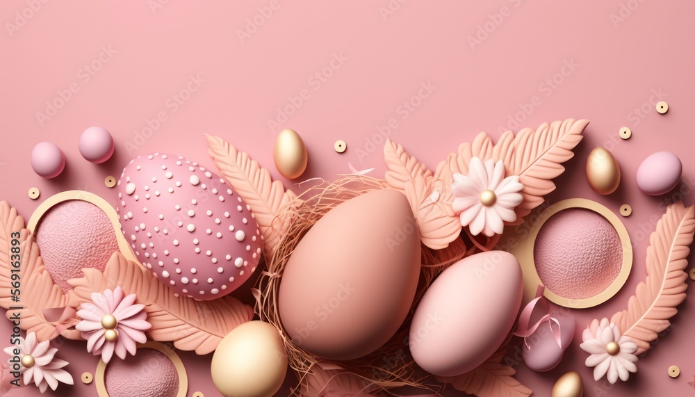 Easter background on pink with copy space. Generative AI