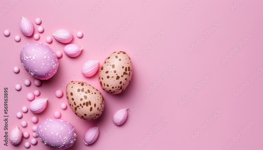 Easter background on pink with copy space. Generative AI