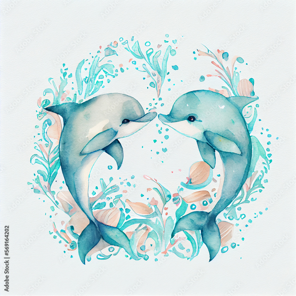 Peaceful watercolor painting of two dolphins in love together. Sea wild ...