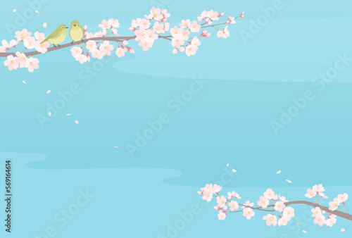 Japanese spring landscape. Vector illustration of pink cherry blossom tree and cute little birds.