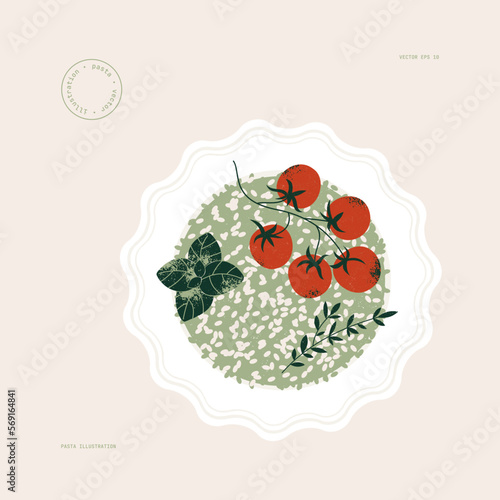 Italian green risotto decorated with tomatoes and basil. Traditional food. 