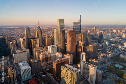 Beautiful Sunset Skyline of Philadelphia  Pennsylvania  USA. Business Financial District and Skyscrapers in Background.